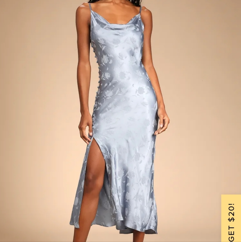 Lulu's All About You Slate Blue Floral Jacquard Satin Midi Dress